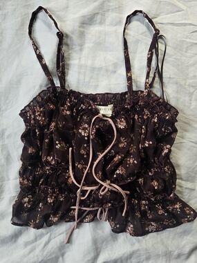 Lightweight Feminine Brown Floral Crop Top Boho Festival Concert XS